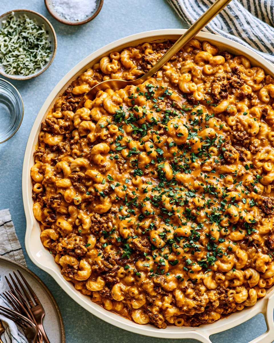 Delicious bowl of Hamburger Macaroni with cheese and pasta