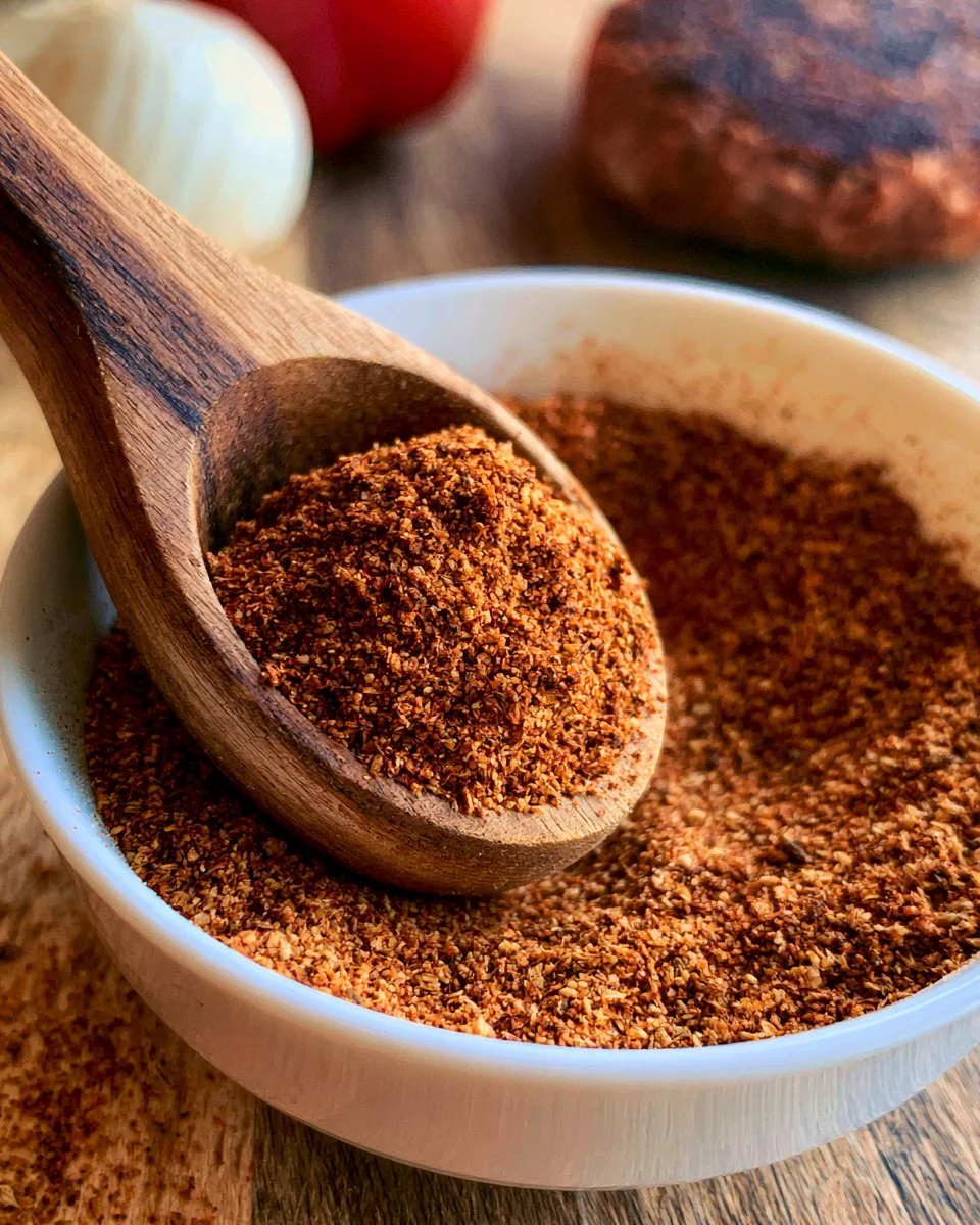 Homemade hamburger seasoning blend in a jar with spices.