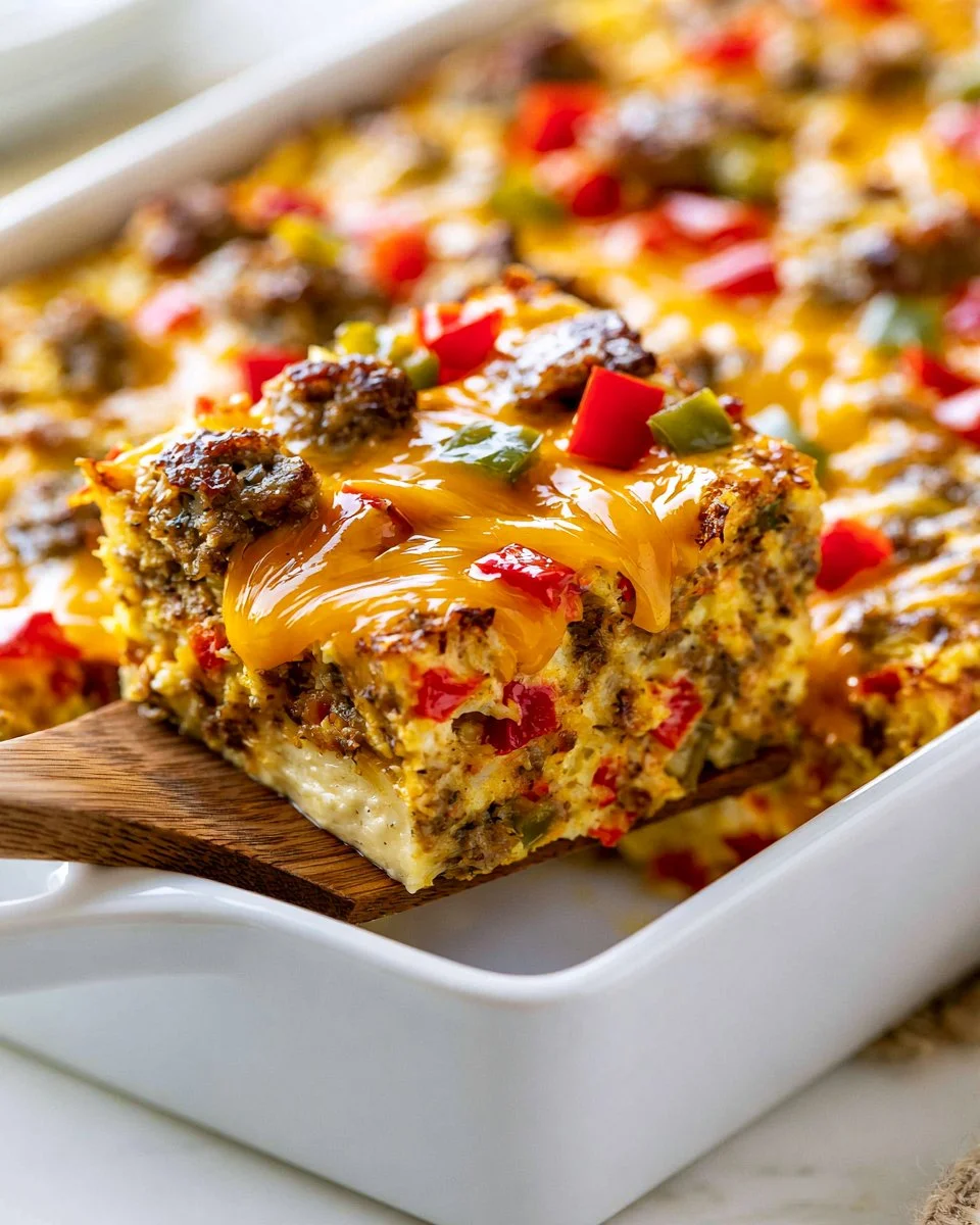 Cheesy hashbrown casserole served in a baking dish for breakfast