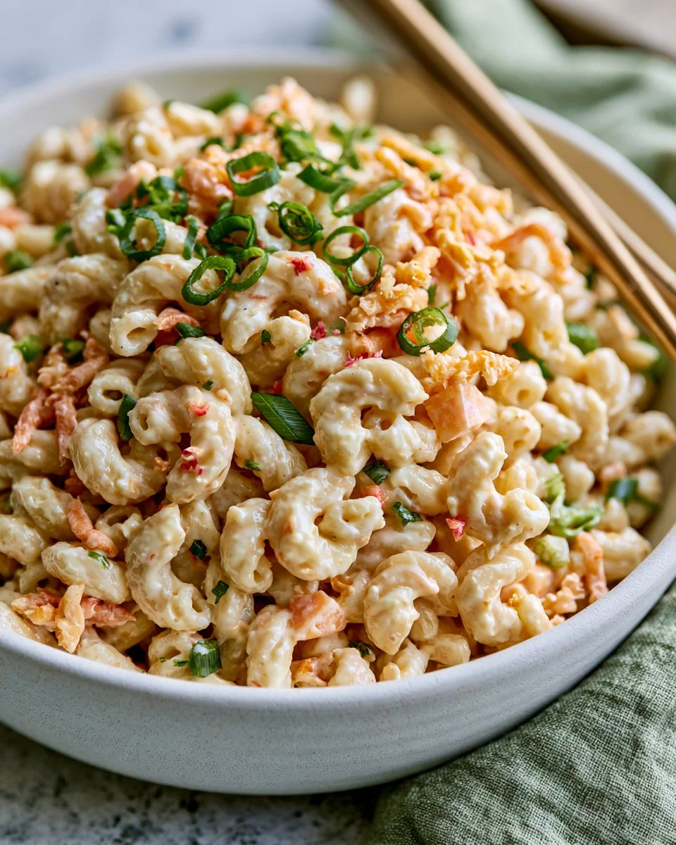 Delicious Hawaiian Macaroni Salad with creamy dressing and colorful vegetables