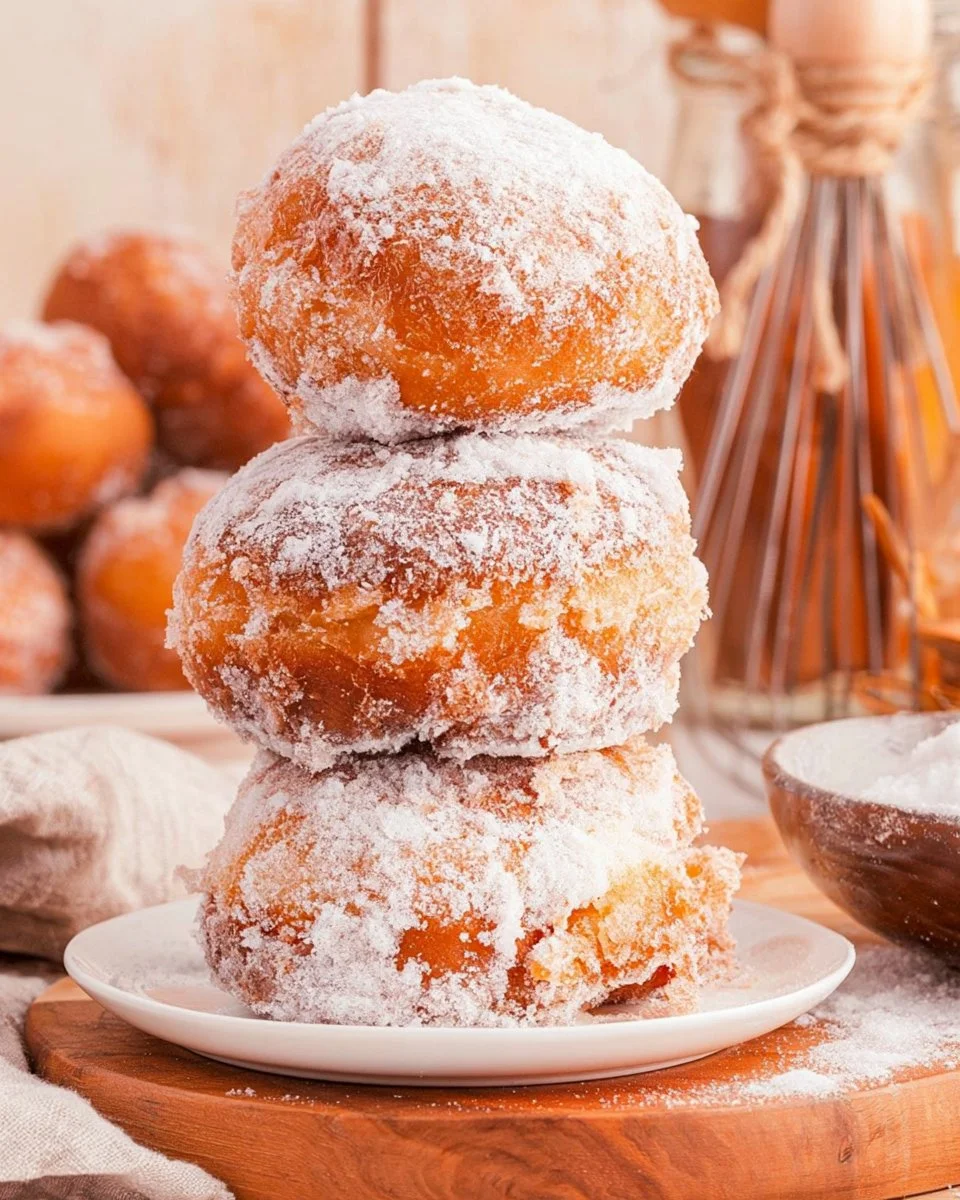 Freshly made Hawaiian Malasadas, traditional Portuguese doughnuts, dusted with sugar.