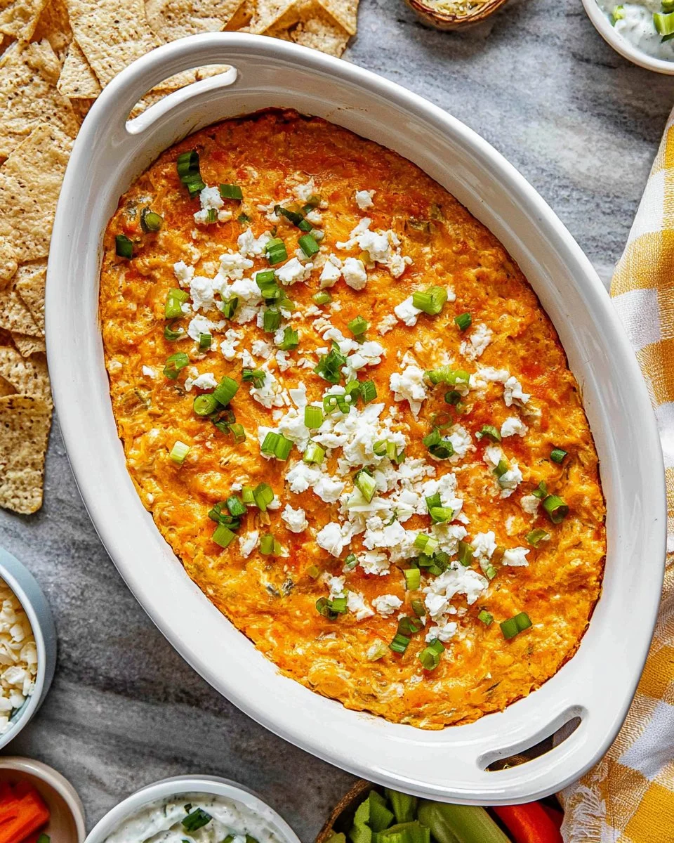 Bowl of healthy buffalo chicken dip with celery sticks and tortilla chips