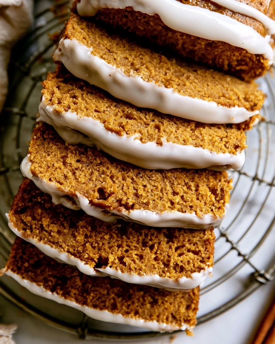 Healthy pumpkin bread topped with maple glaze, fresh and delicious dessert.