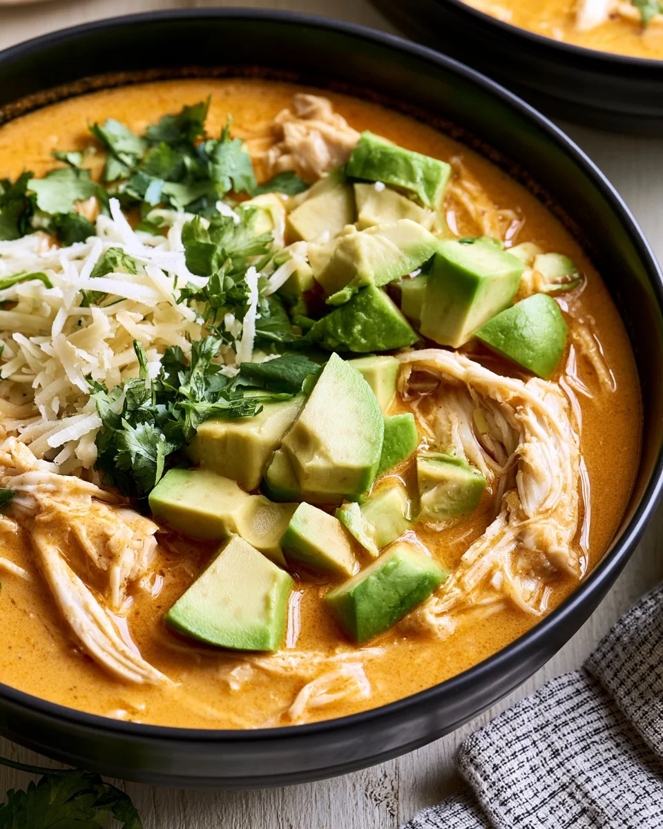 A bowl of hearty chicken chili topped with fresh herbs and cheese