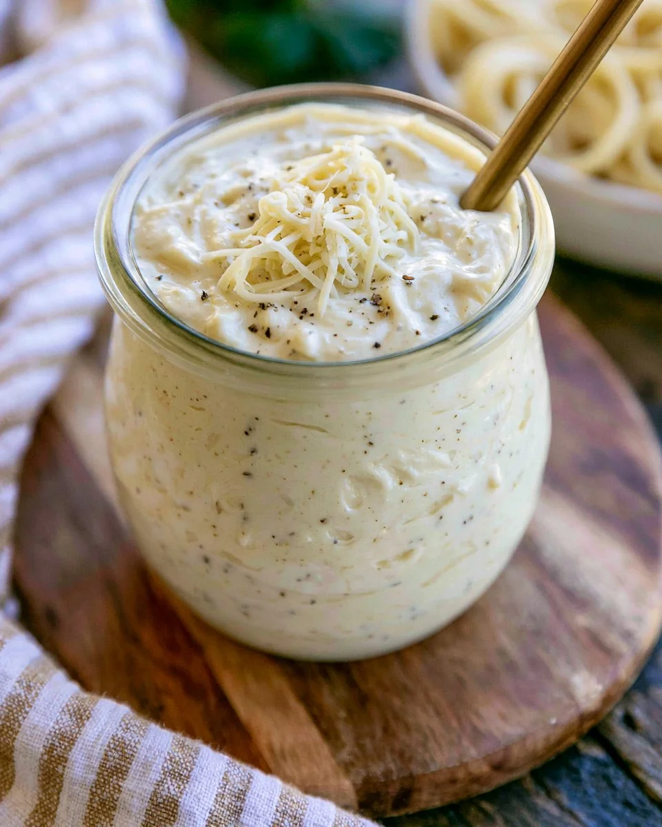 Creamy homemade Alfredo Sauce served over pasta with a garnish.
