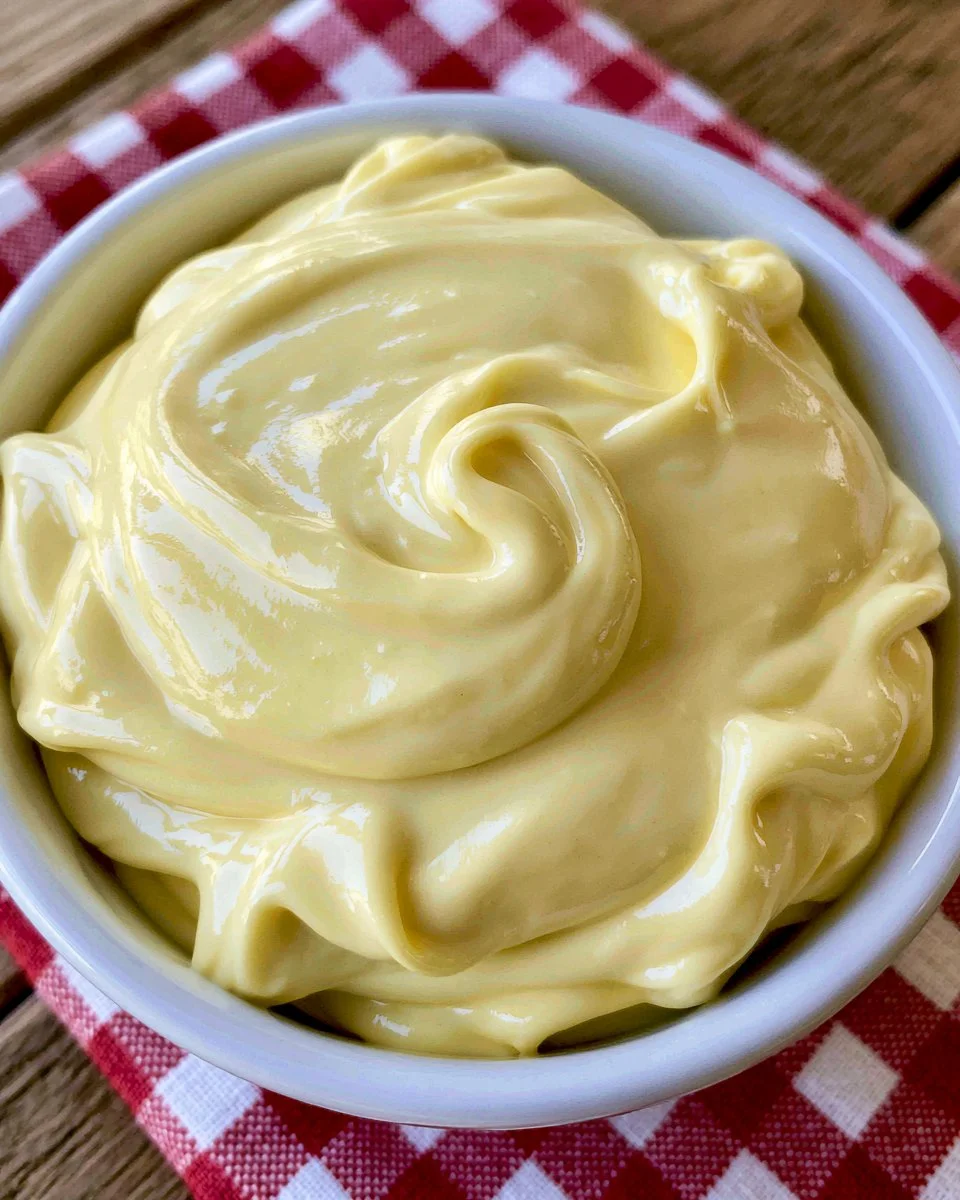 A jar of homemade mayonnaise on a kitchen countertop with fresh ingredients.