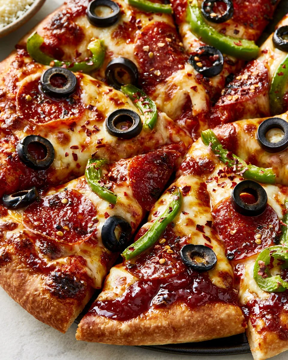 Homemade pizza with fresh ingredients and melted cheese on a wooden table.