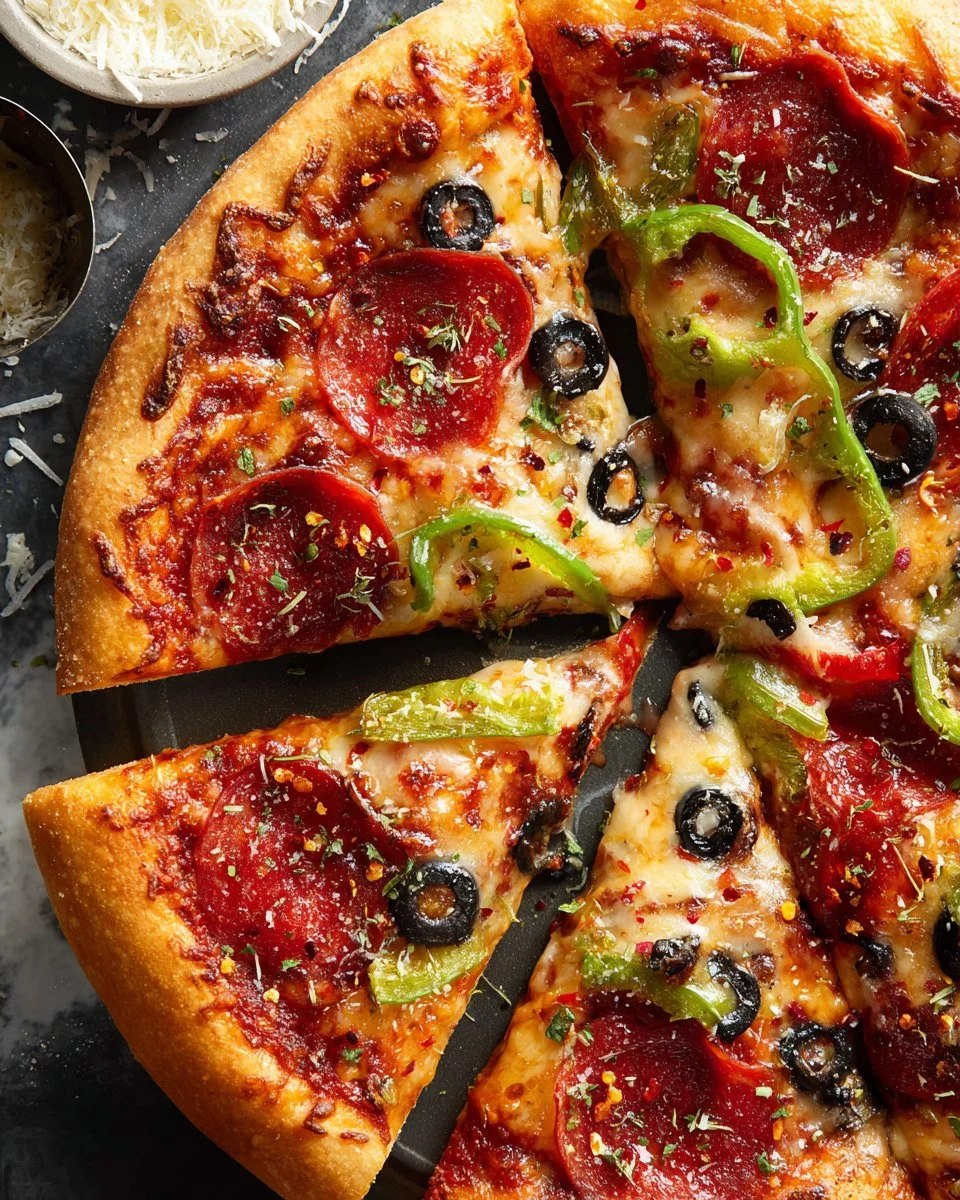 Delicious homemade pizza topped with fresh ingredients and melted cheese