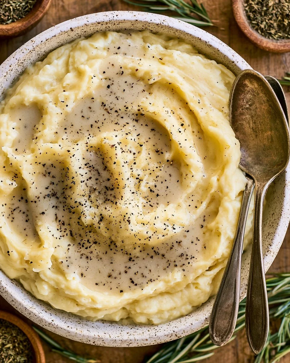 A bowl of creamy homemade white gravy served over biscuits.