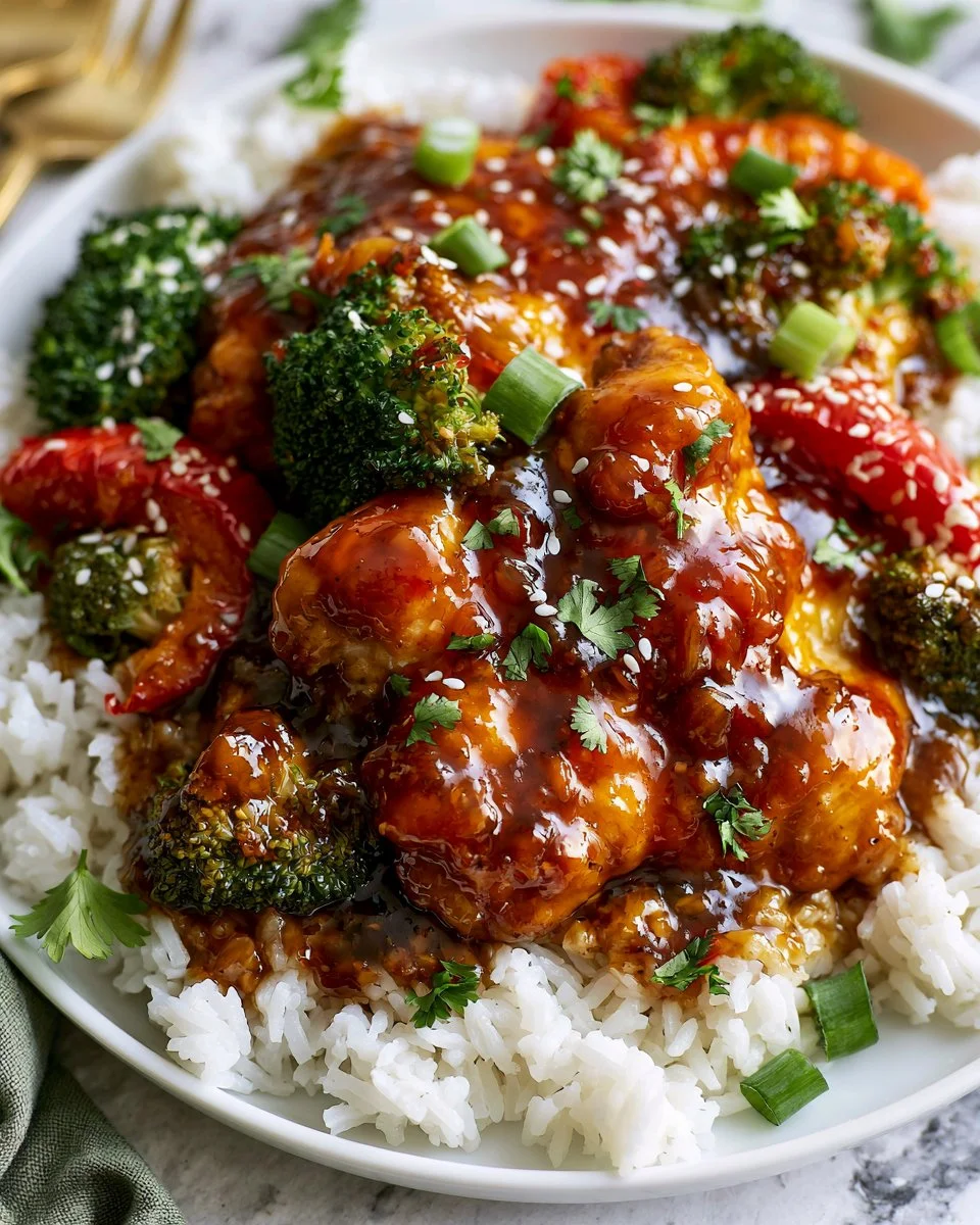 Honey Garlic Chicken dish garnished with green onions served on a plate.