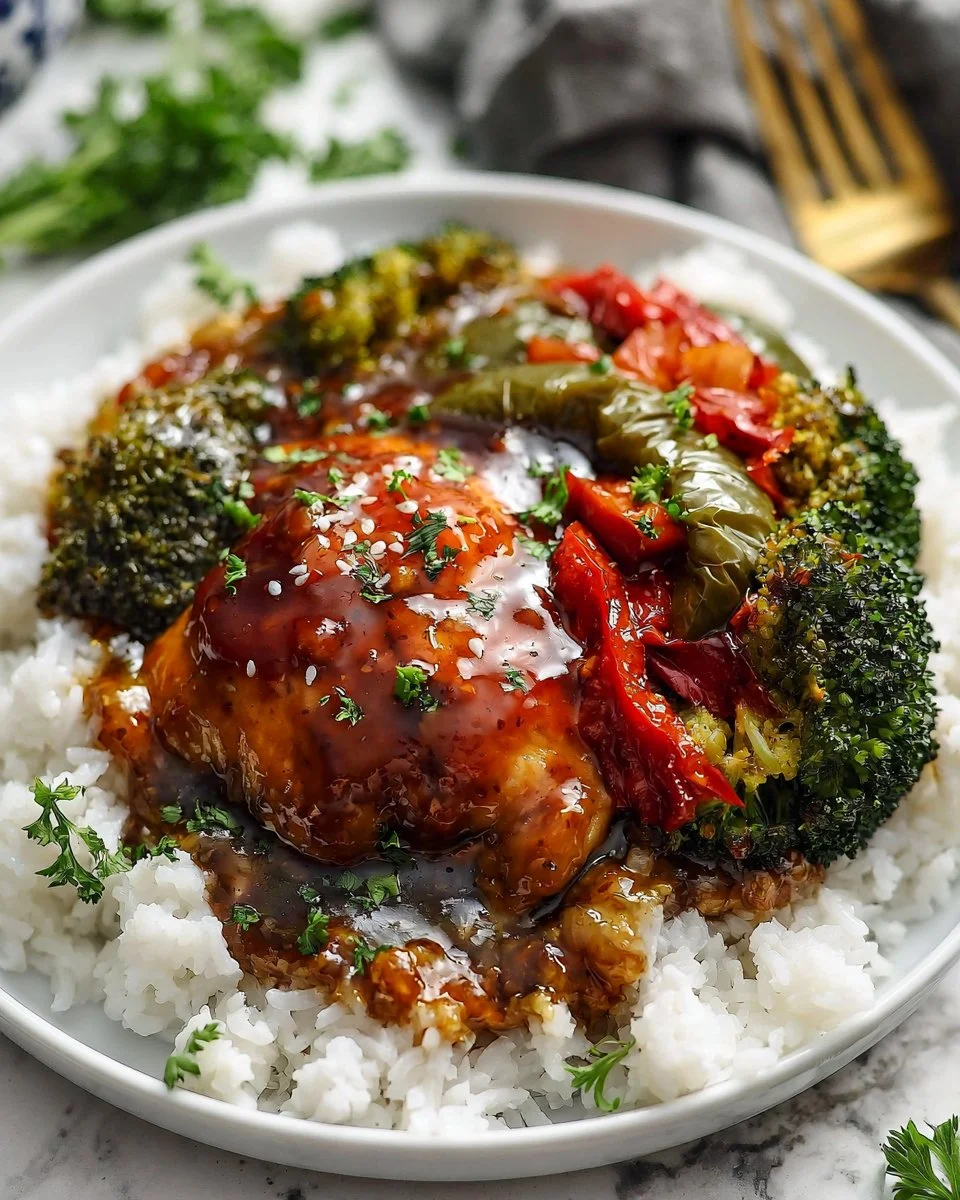 Delicious Honey Garlic Chicken served with vegetables on a plate