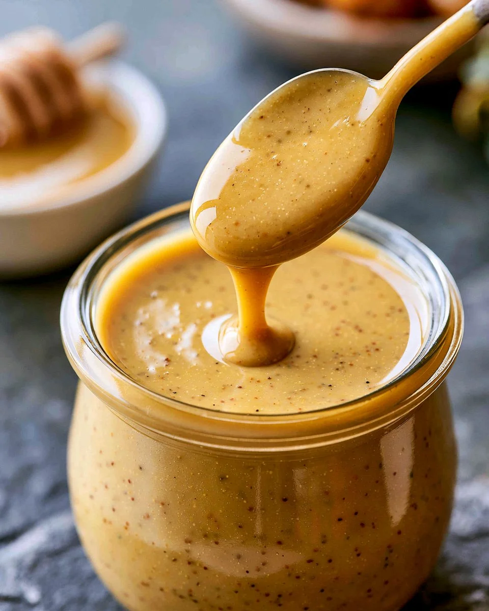 Delicious homemade honey mustard sauce in a bowl with a spoon
