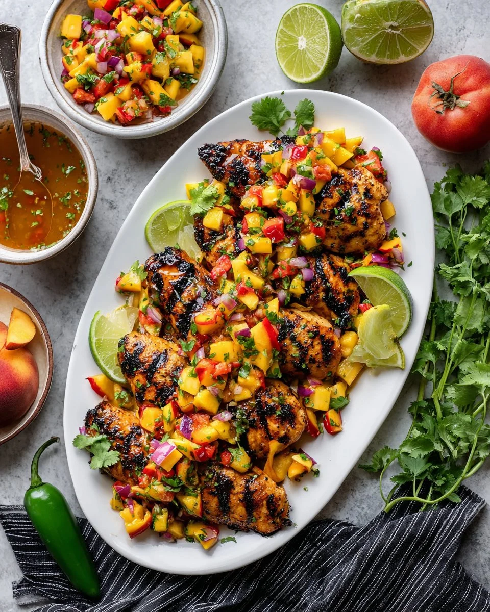 Hot honey chicken garnished with peach pico de gallo on a white plate