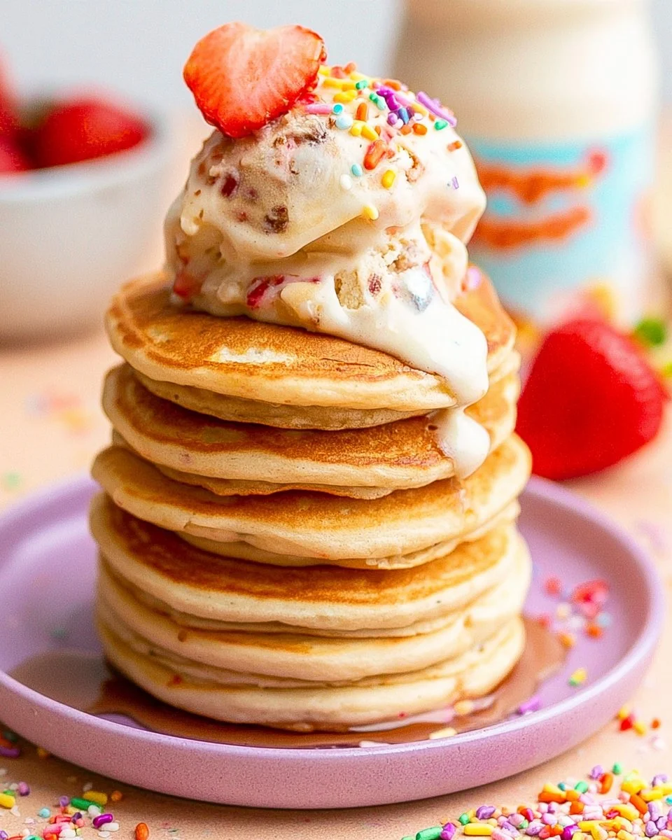 Delicious ice cream pancakes topped with chocolate sauce and sprinkles