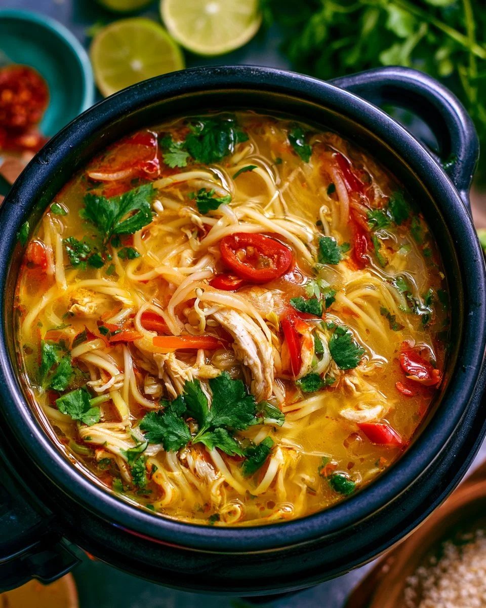 Bowl of Instant Pot Asian Chicken Noodle Soup with fresh herbs and chicken.