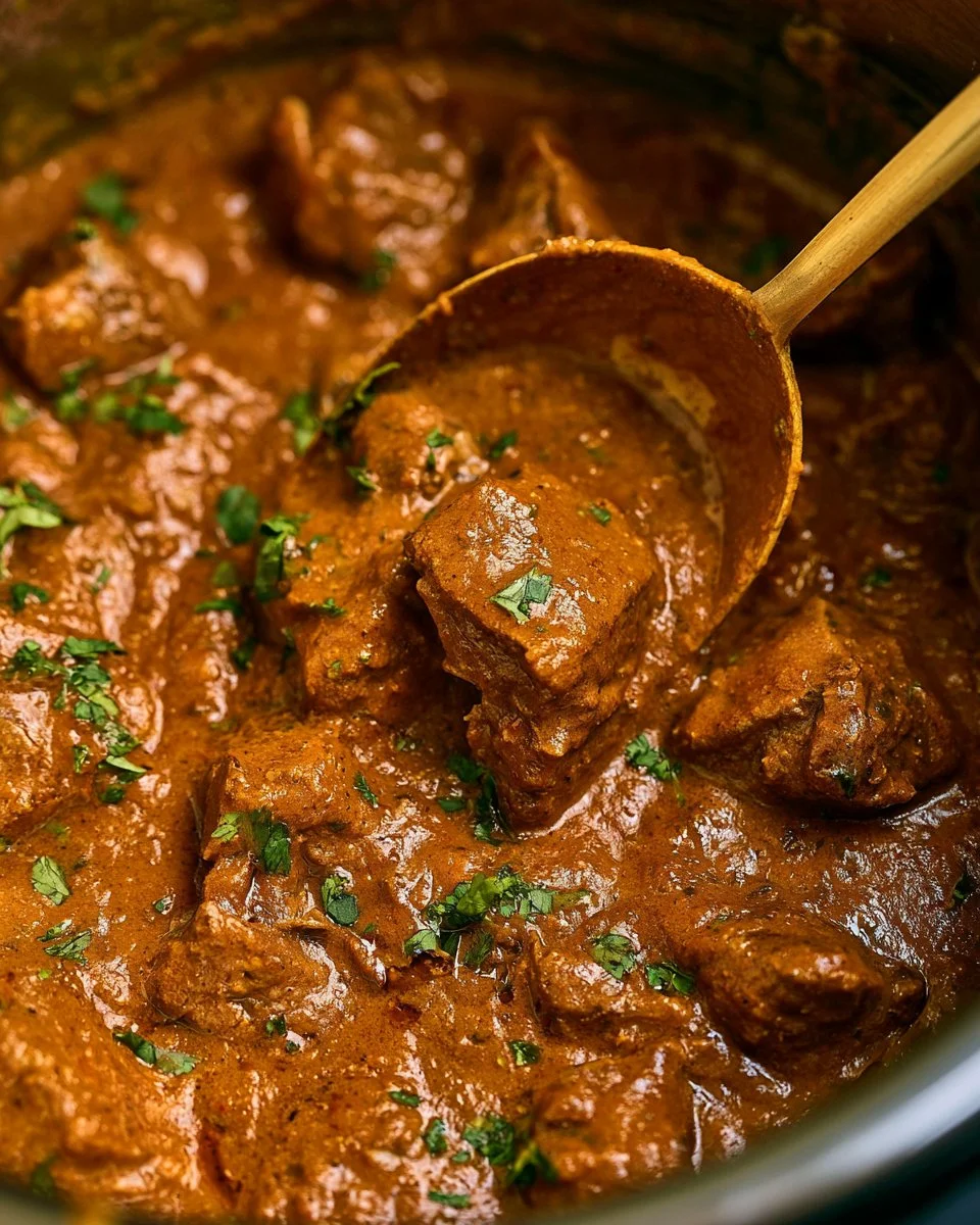 A delicious serving of Instant Pot Indian beef curry in a bowl with spices.