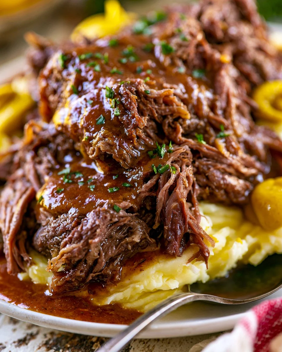 Instant Pot Mississippi Pot Roast served with vegetables on a plate