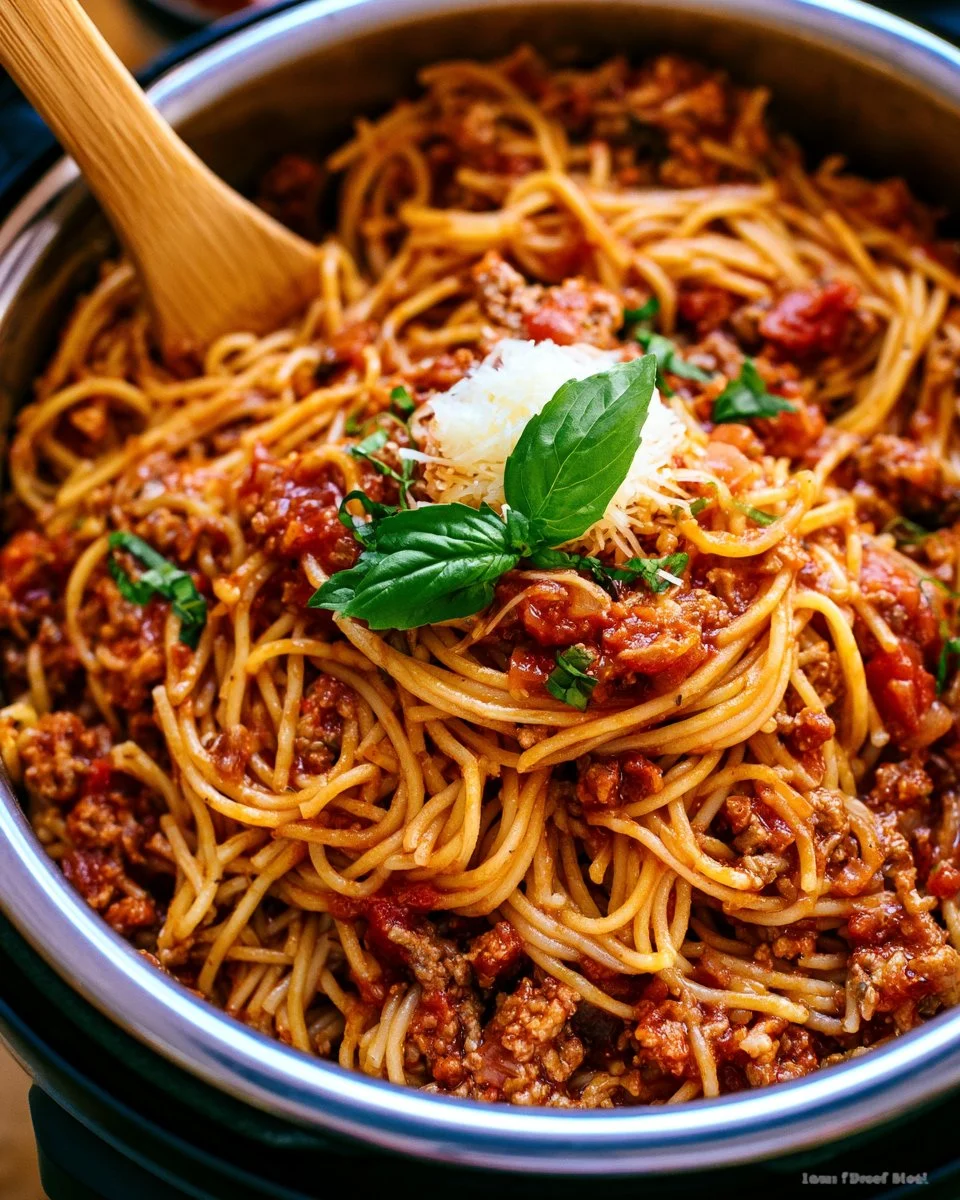 Bowl of Instant Pot spaghetti with marinara sauce and parmesan cheese