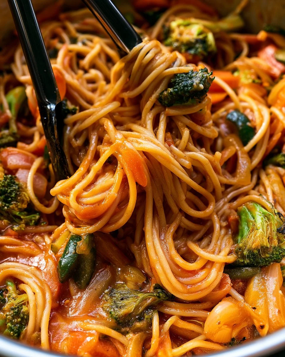 Bowl of colorful vegetable pasta made in an Instant Pot with fresh ingredients.