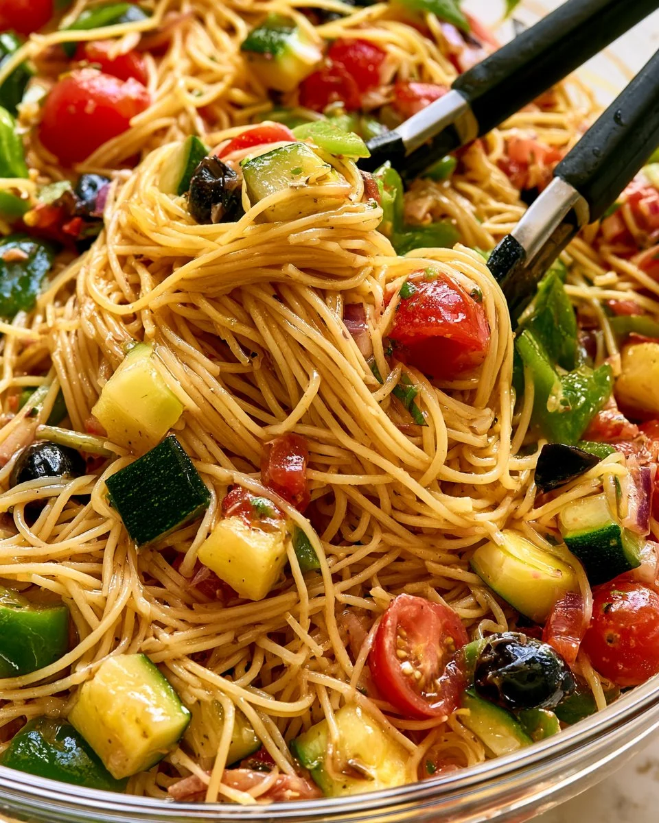 Italian Spaghetti Salad with fresh vegetables and herbs