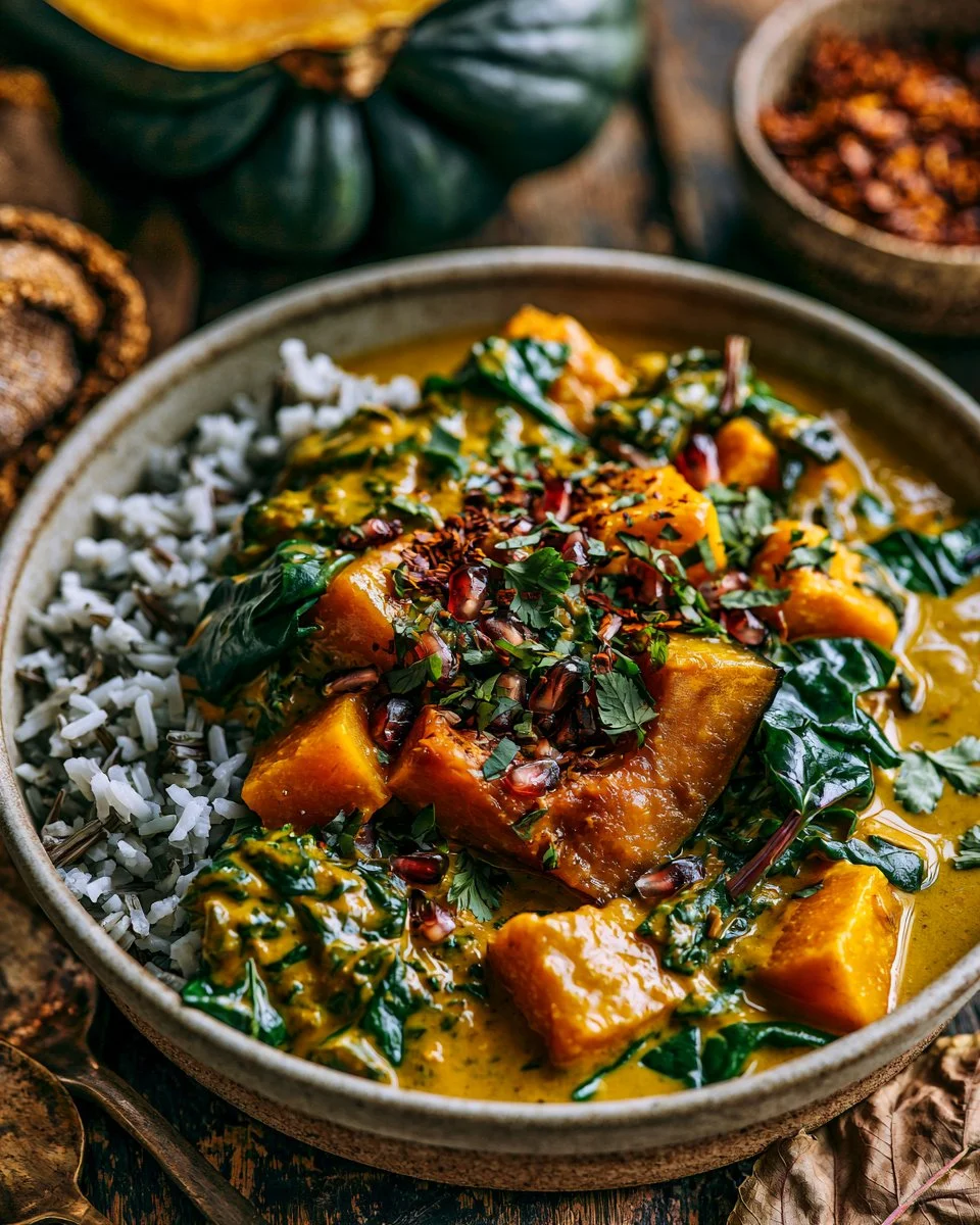 Bowl of Kabocha Squash Coconut Curry with fresh herbs and spices
