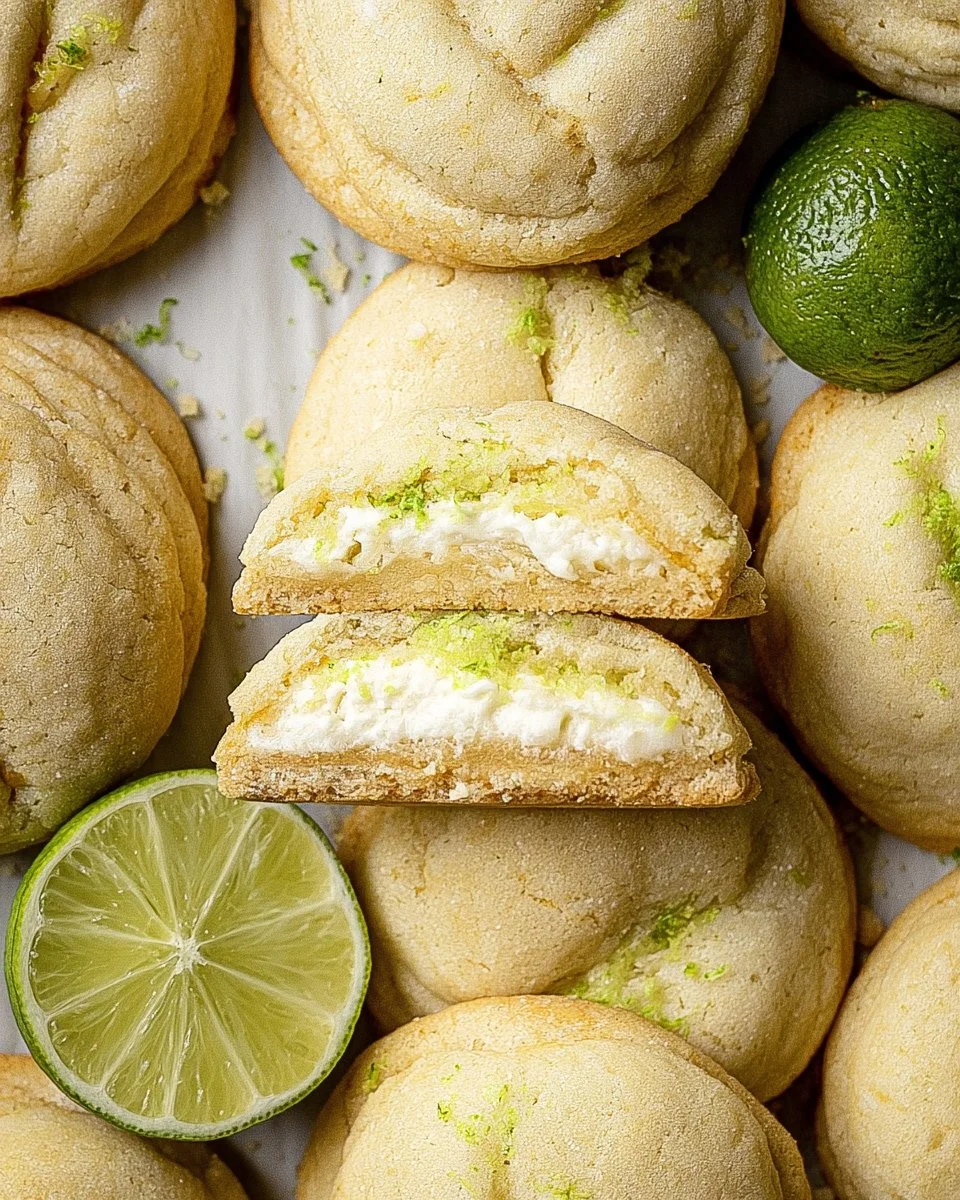 Freshly baked Key Lime Cookies on a plate with a slice of lime.
