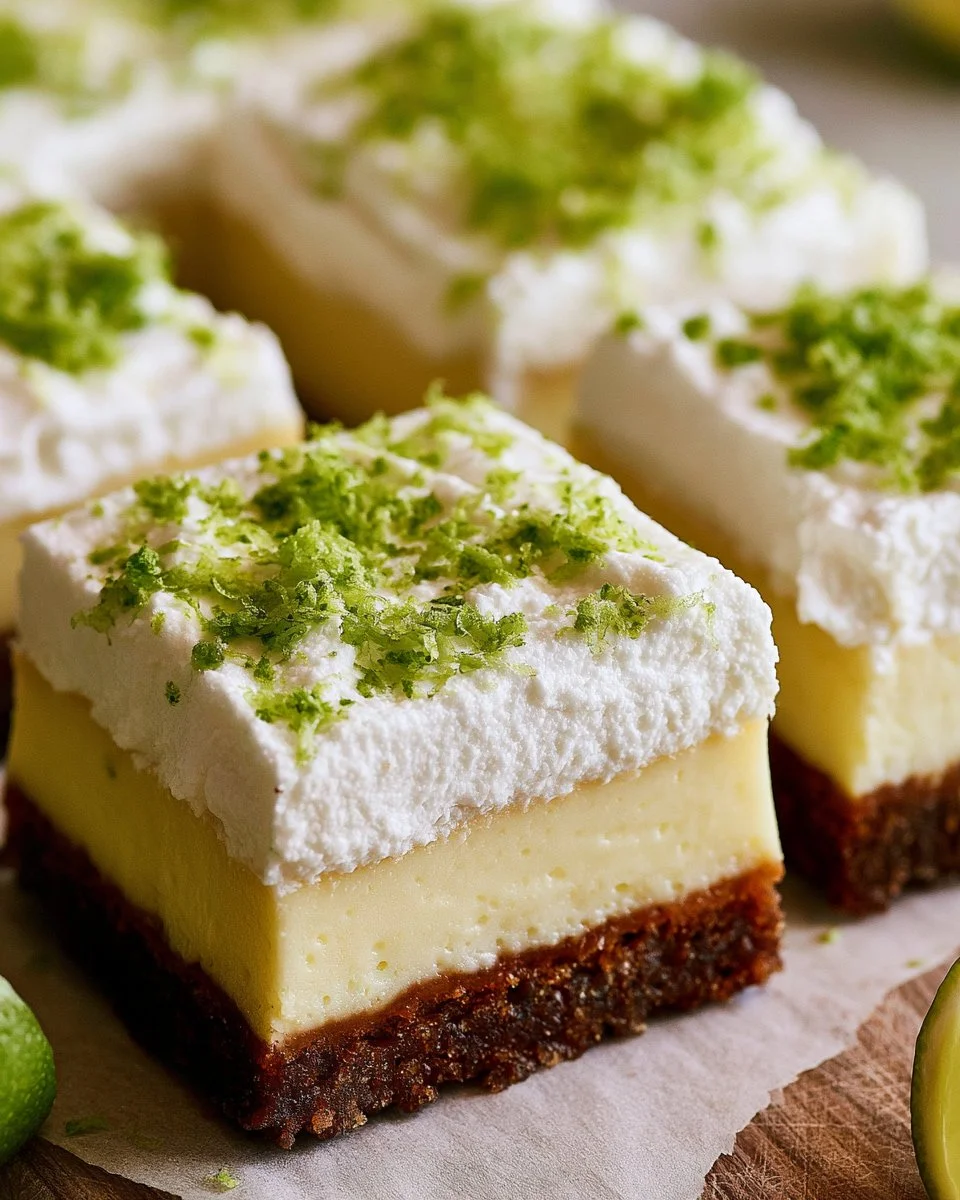 Delicious Key Lime Pie Bars served on a plate with lime slices.