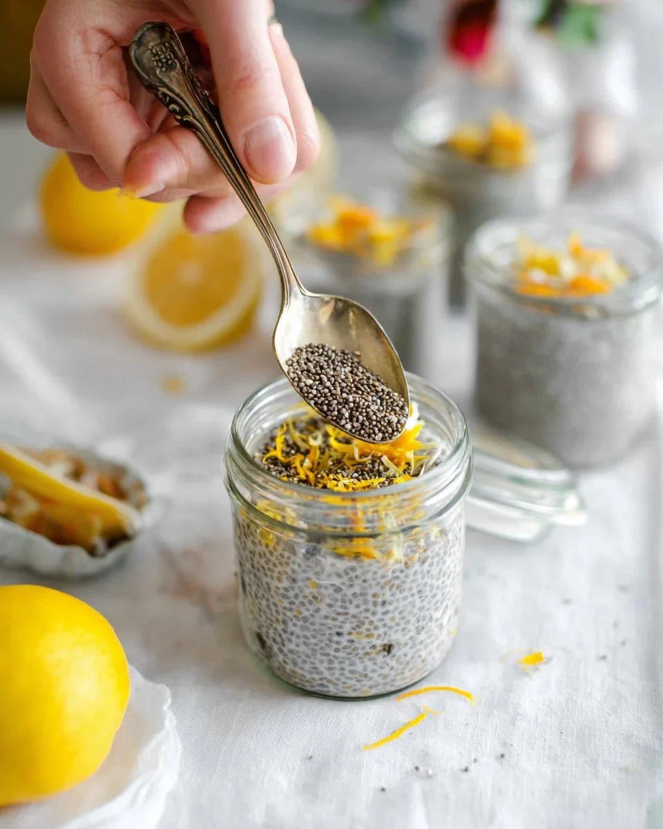 Bowl of lemon and vanilla chia pudding topped with fresh fruits