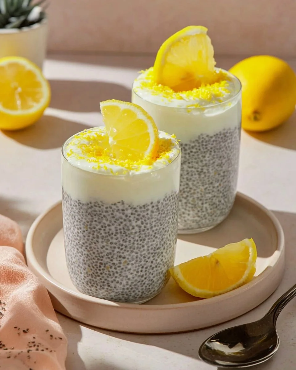 Delicious Lemon Chia Pudding served in a glass with fresh lemon slices