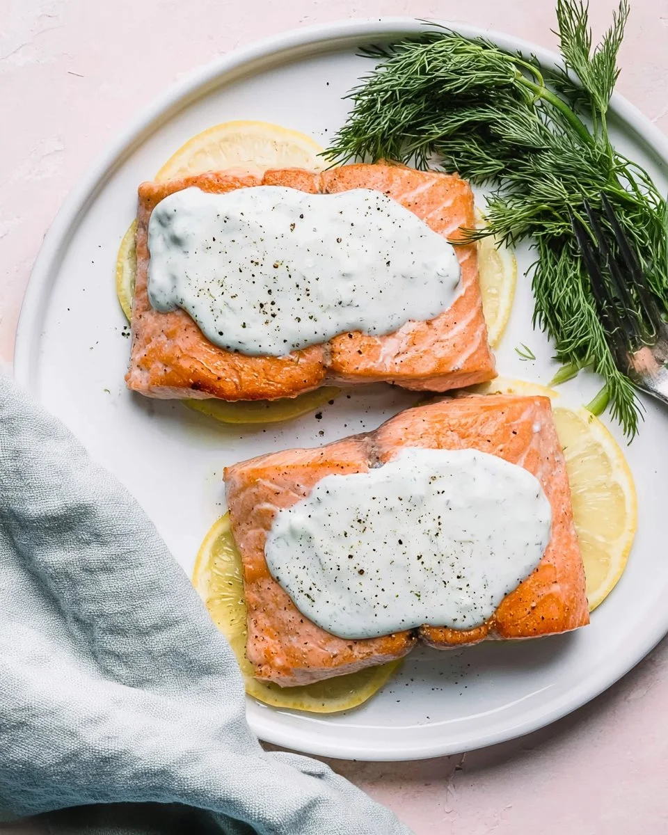 Plate of lemon dill salmon garnished with fresh dill and lemon slices