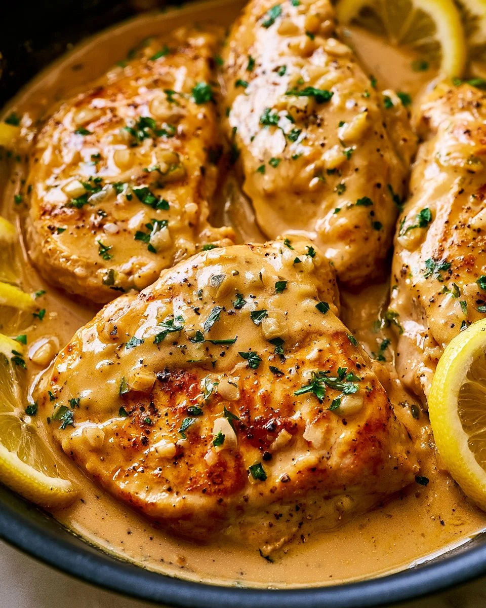 Delicious Lemon Garlic Chicken served with herbs and vegetables