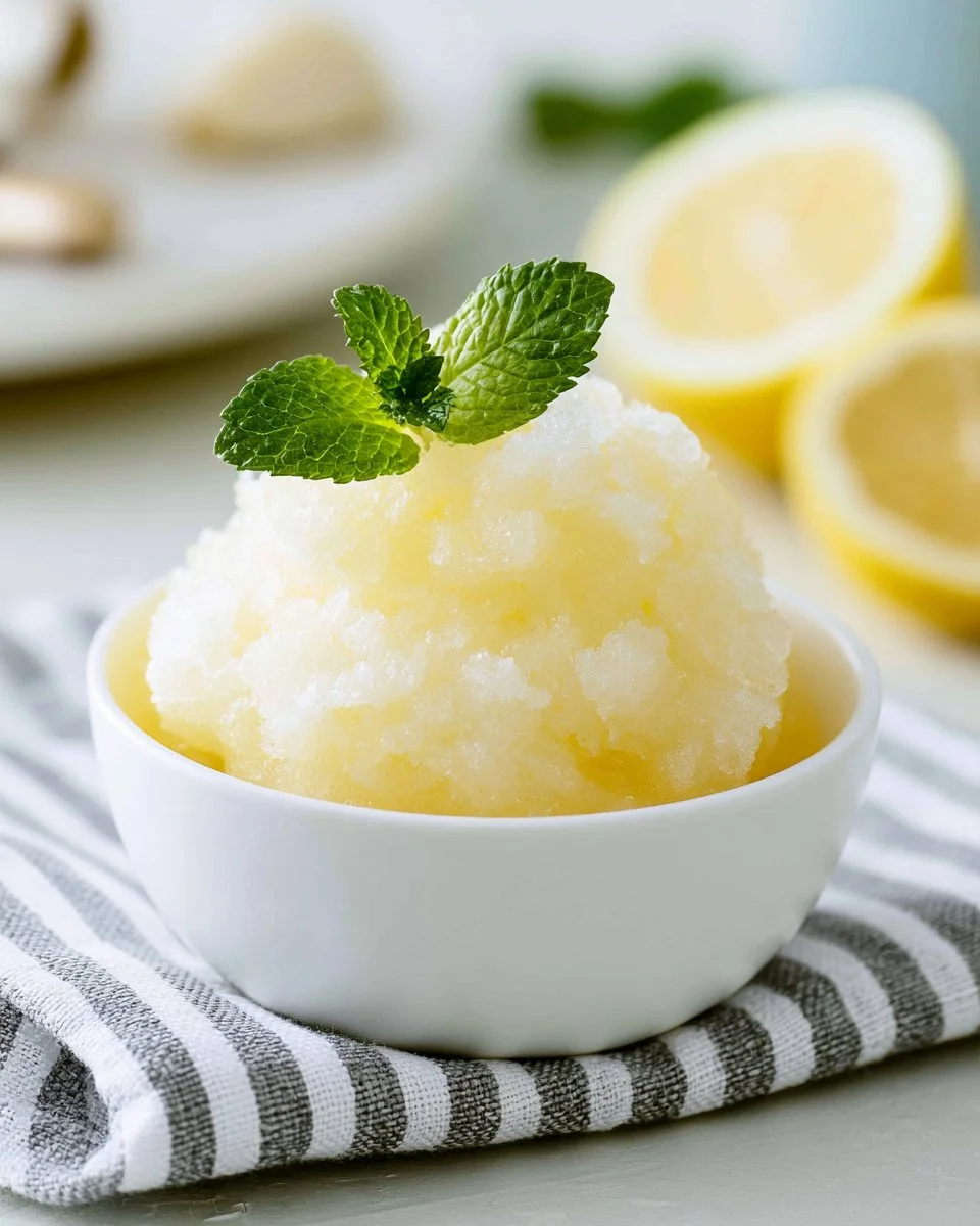 Delicious lemon granita served in a glass with a slice of lemon on top.