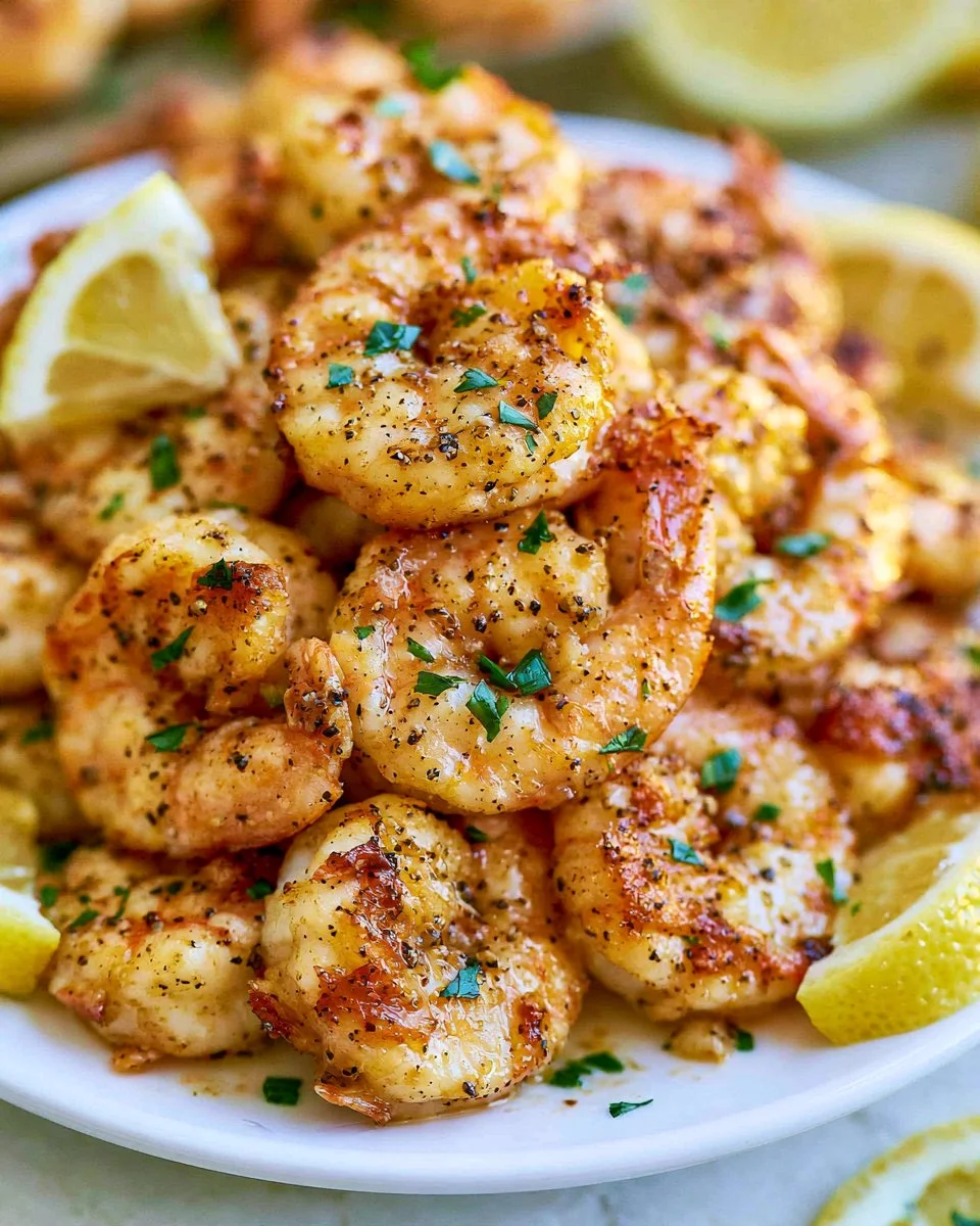 Plate of flavorful Lemon Pepper Shrimp with a garnish of lemon and herbs