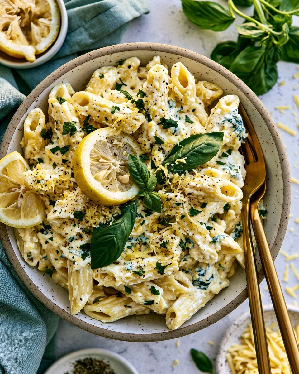 Plate of delicious Lemon Ricotta Pasta garnished with fresh herbs.