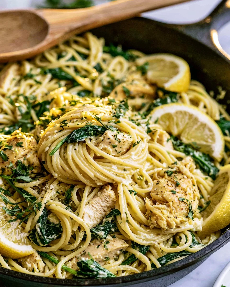 Lemon Ricotta Pasta with Chicken and Spinach served in a bowl