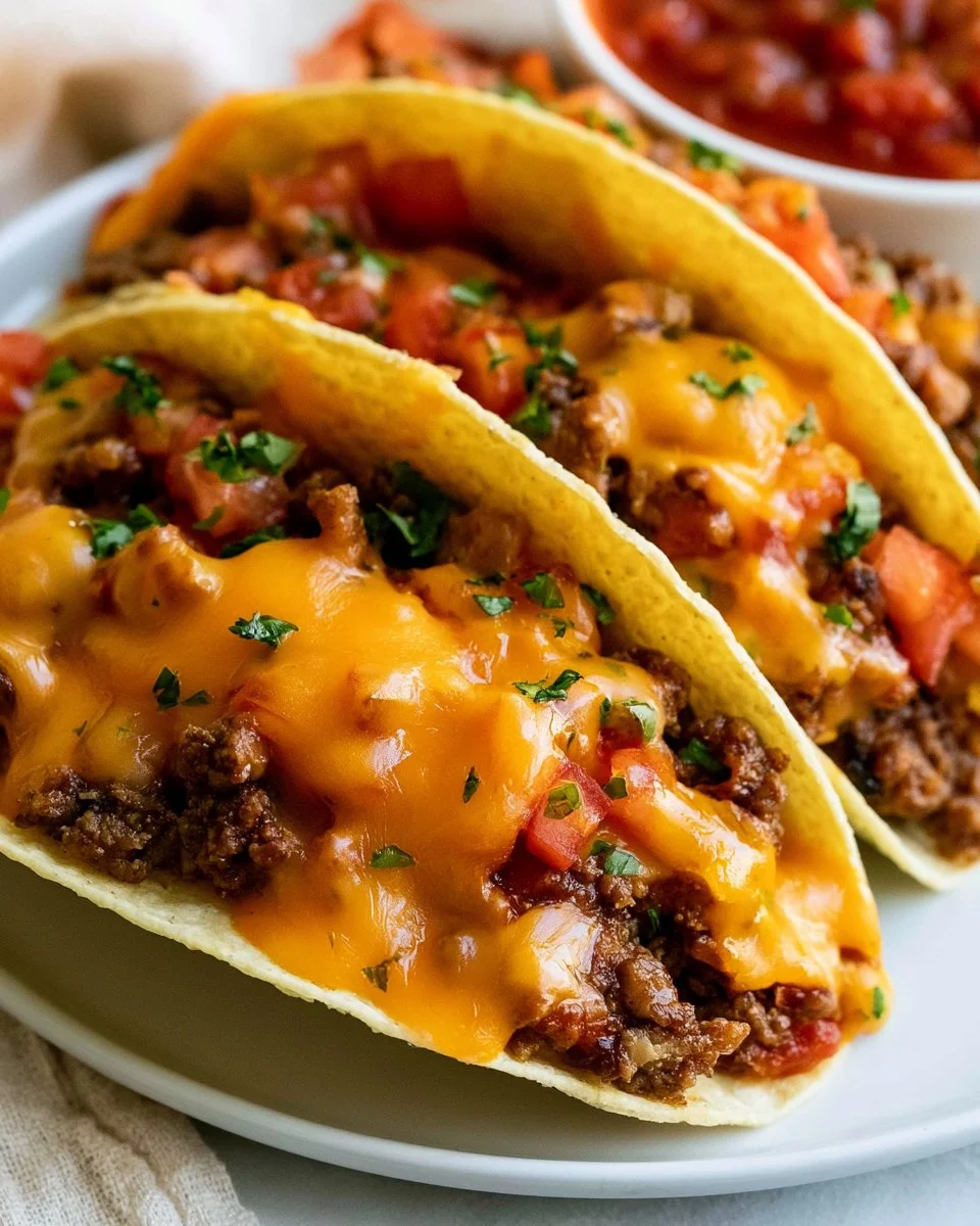 Delicious loaded beef tacos with fresh toppings and vibrant flavors.