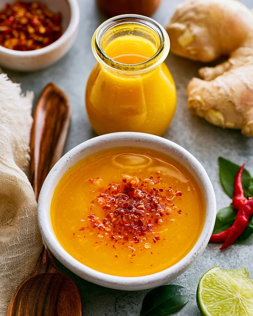 Mango Ginger Sauce in a small bowl surrounded by fresh mango and ginger root