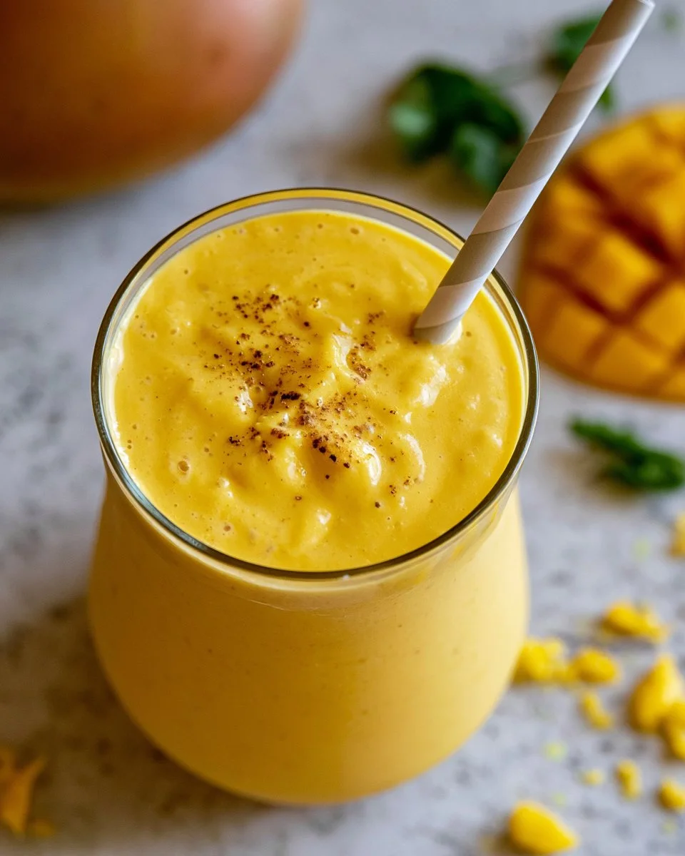 Delicious mango milkshake in a glass with fresh mango slices