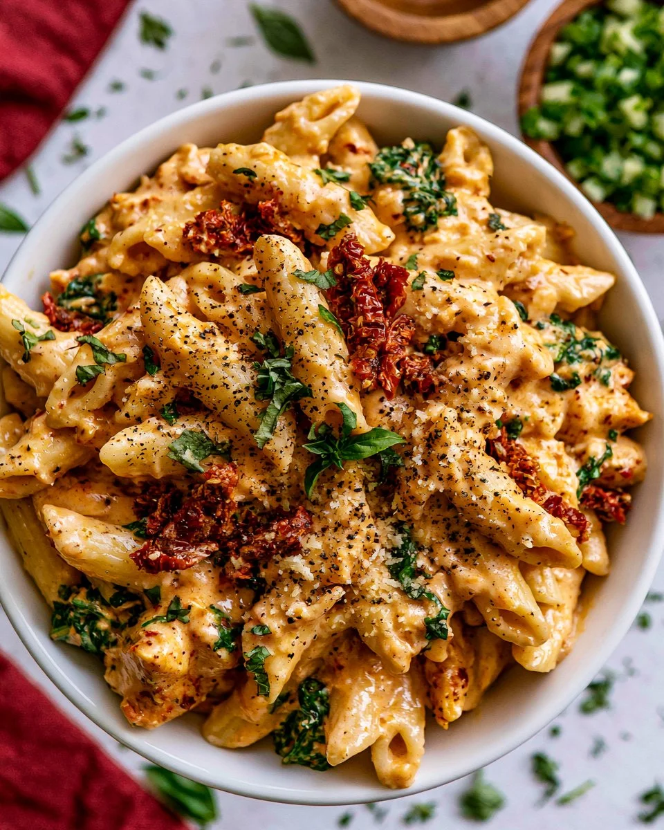 Delicious Marry Me Chicken Pasta dish garnished with herbs and served in a bowl.