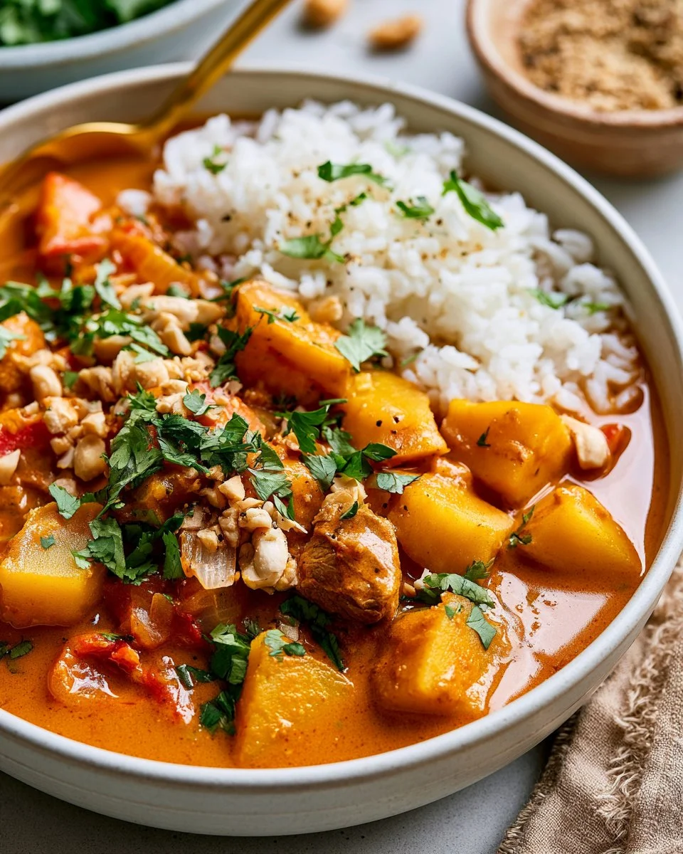 Authentic Massaman Curry garnished with fresh herbs and served in a bowl