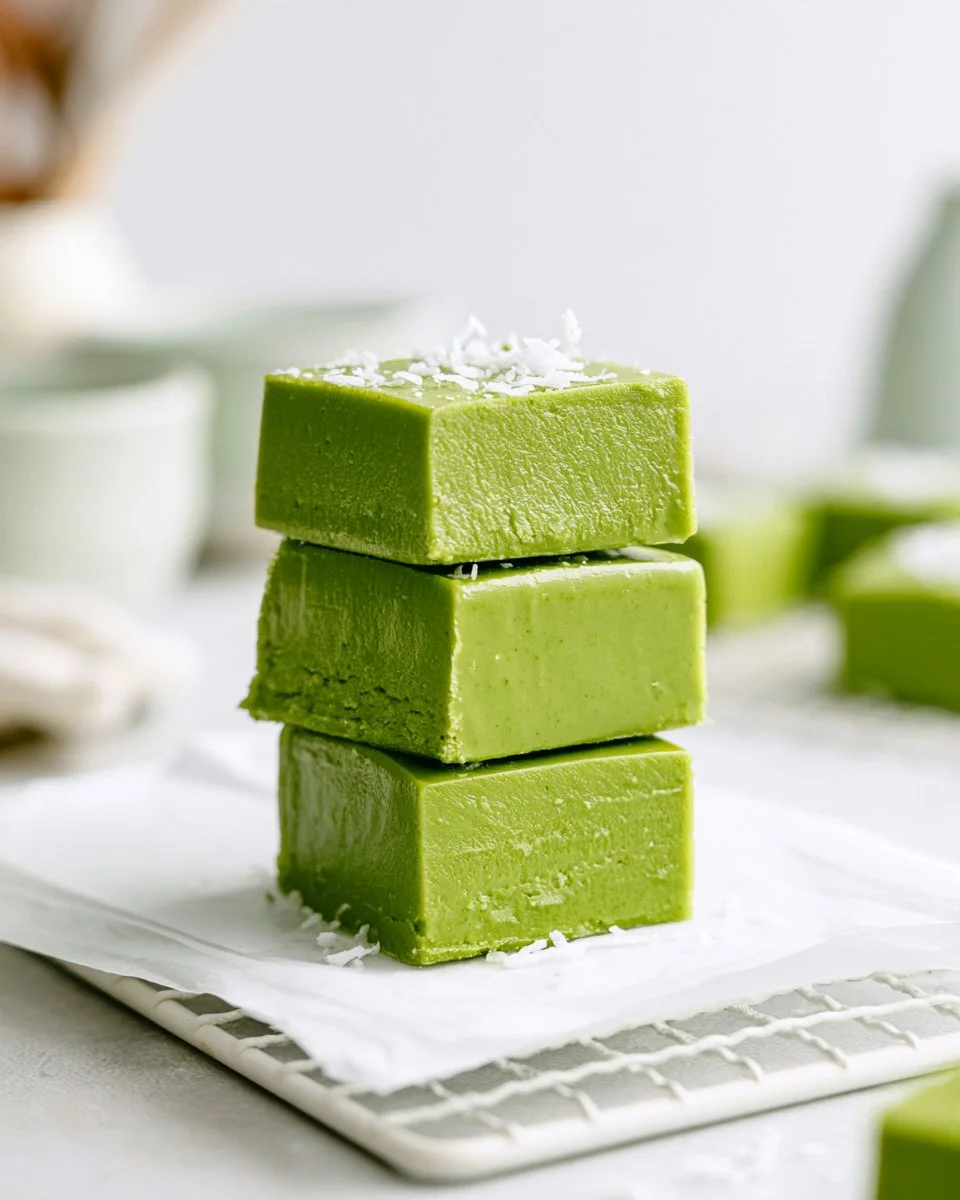 Delicious matcha fudge topped with green tea powder and a silky texture