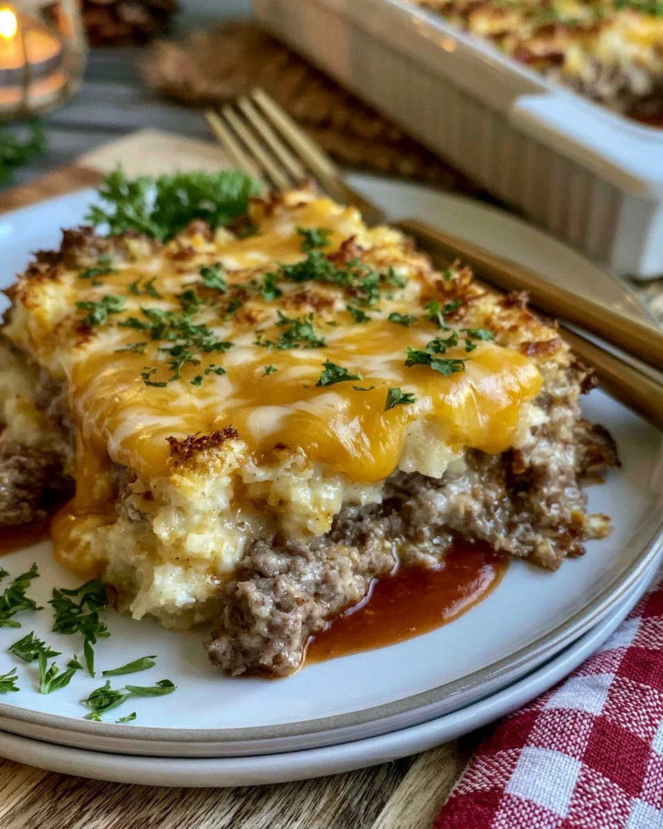 Delicious Meatloaf Casserole topped with mashed potatoes, ready to serve.