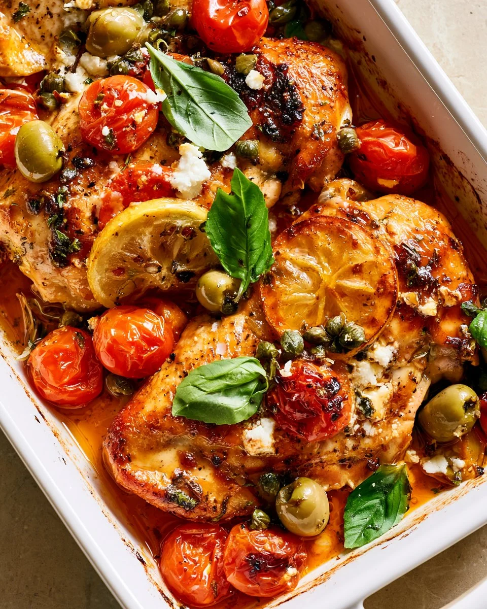Plate of flavorful Mediterranean Chicken with herbs and vegetables