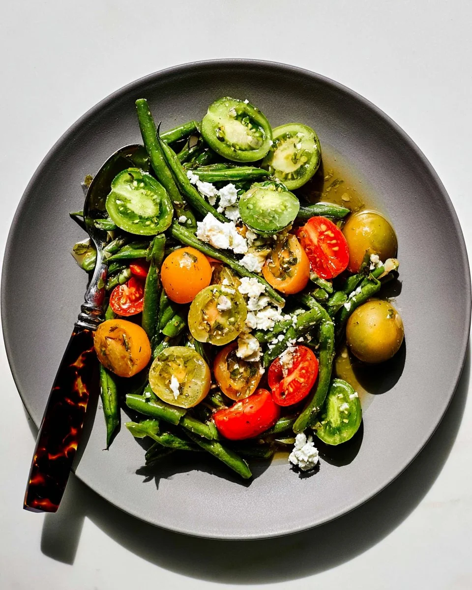 Mediterranean Green Bean Salad with fresh vegetables and dressing