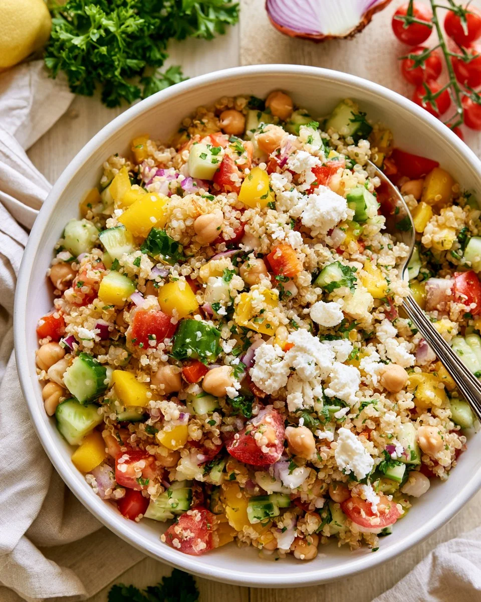 Colorful Mediterranean Quinoa Salad with fresh vegetables and herbs