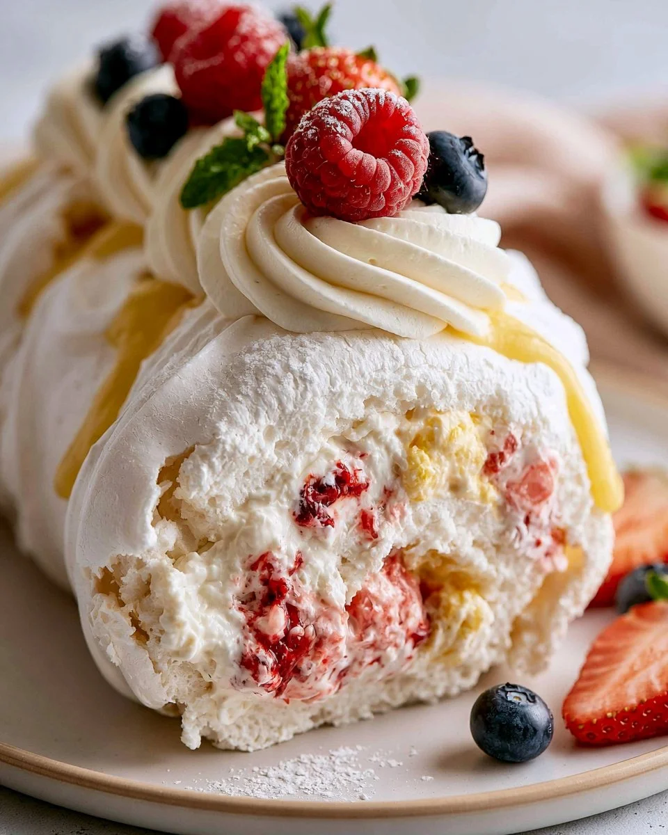 Delicious meringue roulade filled with cream and fruits on a serving plate