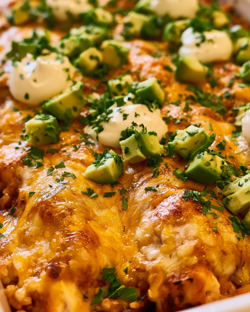 Delicious Mexican Chicken and Rice Bake topped with cheese and herbs