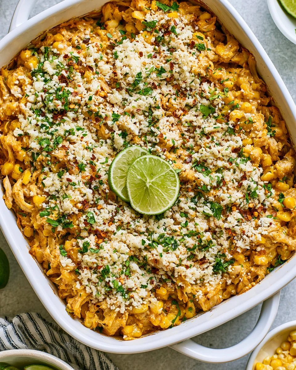 Mexican Street Corn Chicken Casserole topped with cheese and herbs