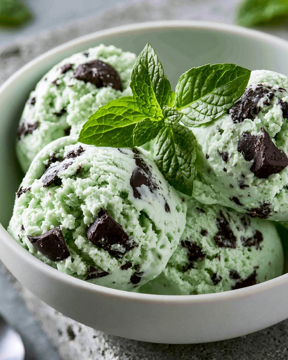 Mint chocolate chip ice cream in a cone topped with chocolate flakes