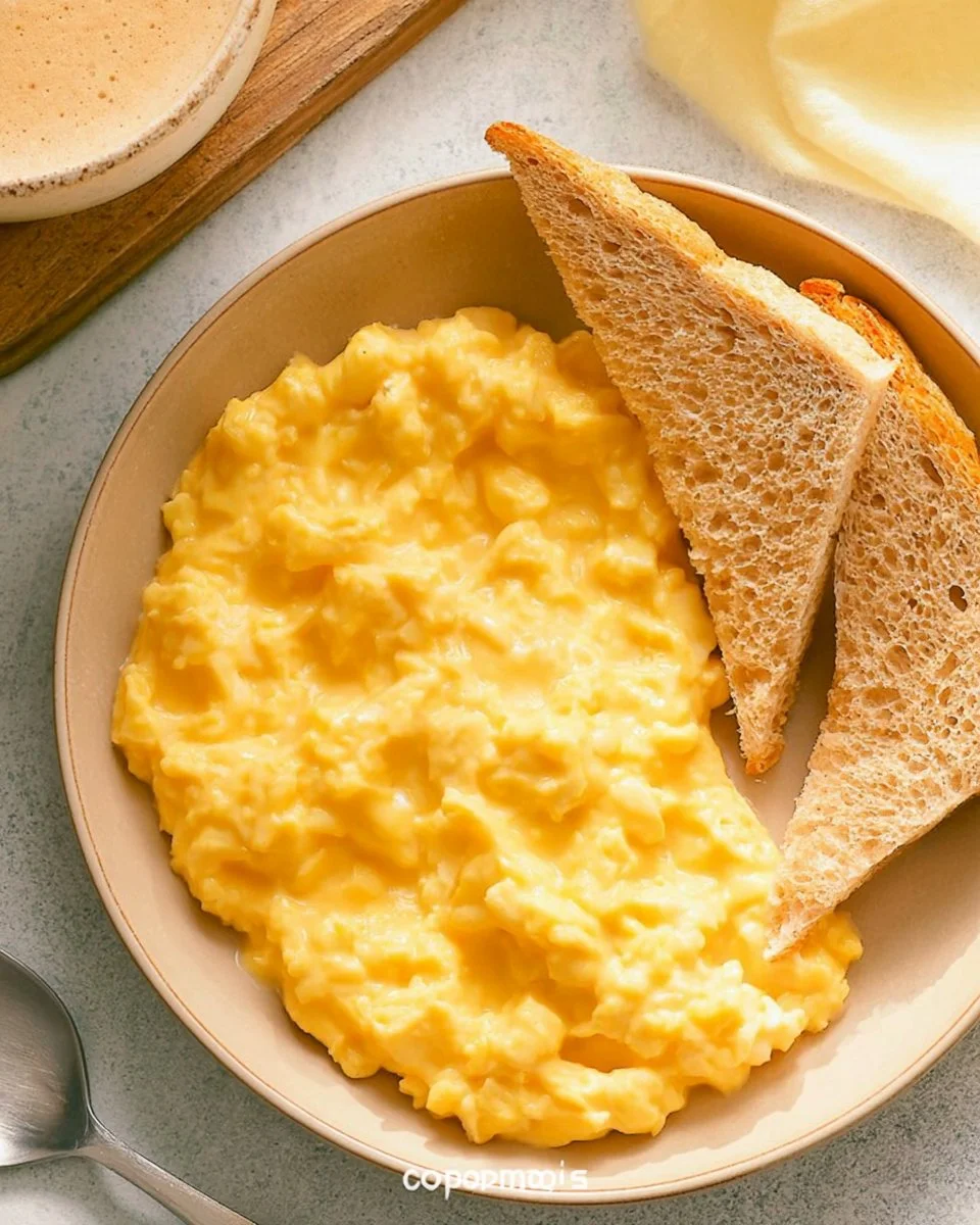 Delicious plate of Mom's favorite cheesy scrambled eggs